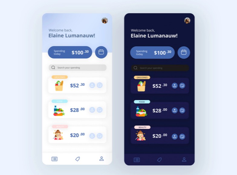 A minimal home screen design for a spending tracker app in flutter