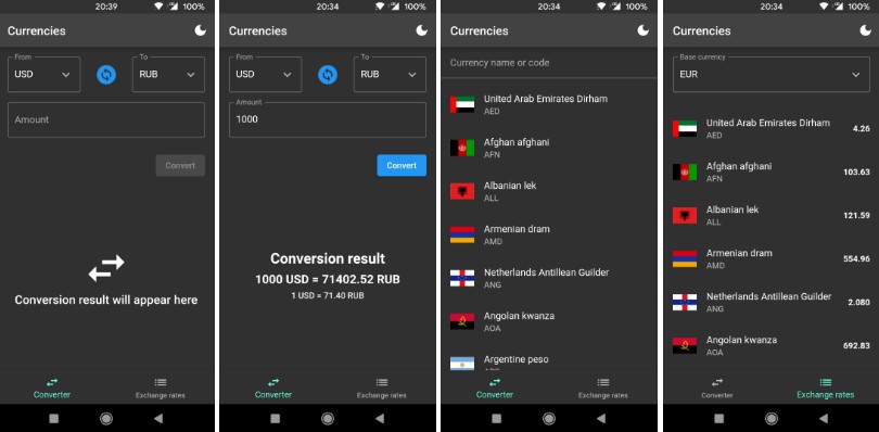 Currencies converter and exchange rates list written in Flutter
