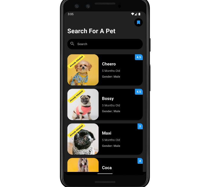 A Pet Adoption app using Flutter with three screens, Home page to show ...